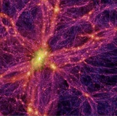 1 우주 천체물리학자들이 우주의 진화과정을 연구하는 과정에서 구상한 시물레이션 중 현재 우주 모습 노란색 밝은 부분은 은하계들의 밀집 주변이 수천개의 항성 은하계 암흑물질 출처 콘소시엄.jpg